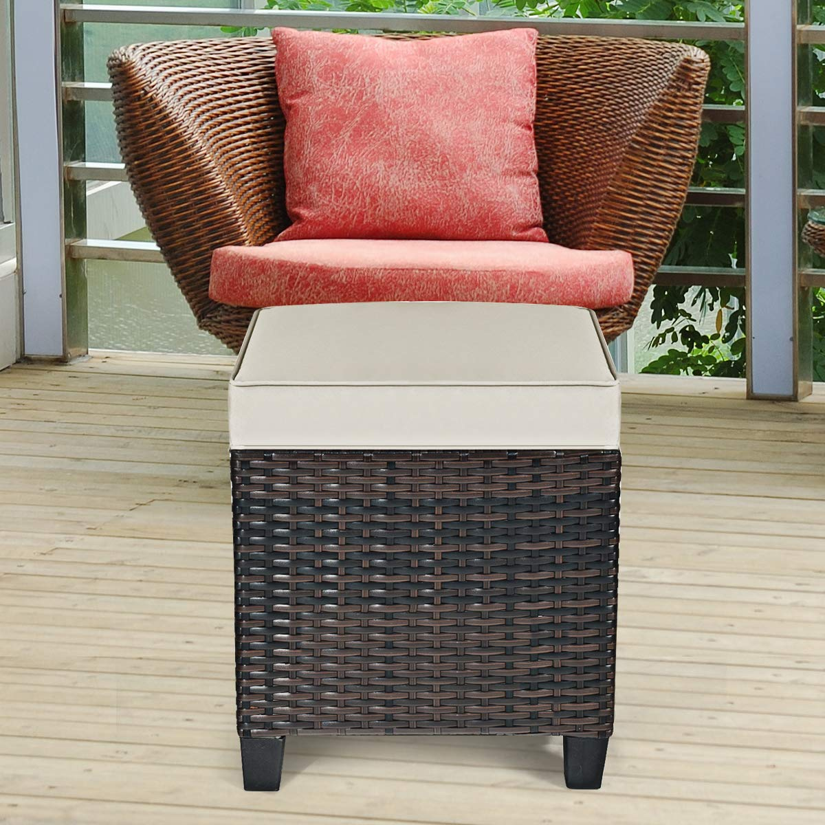 Tangkula 2 Pieces Outdoor Patio Ottoman, All Weather Rattan Wicker Ottoman Seat