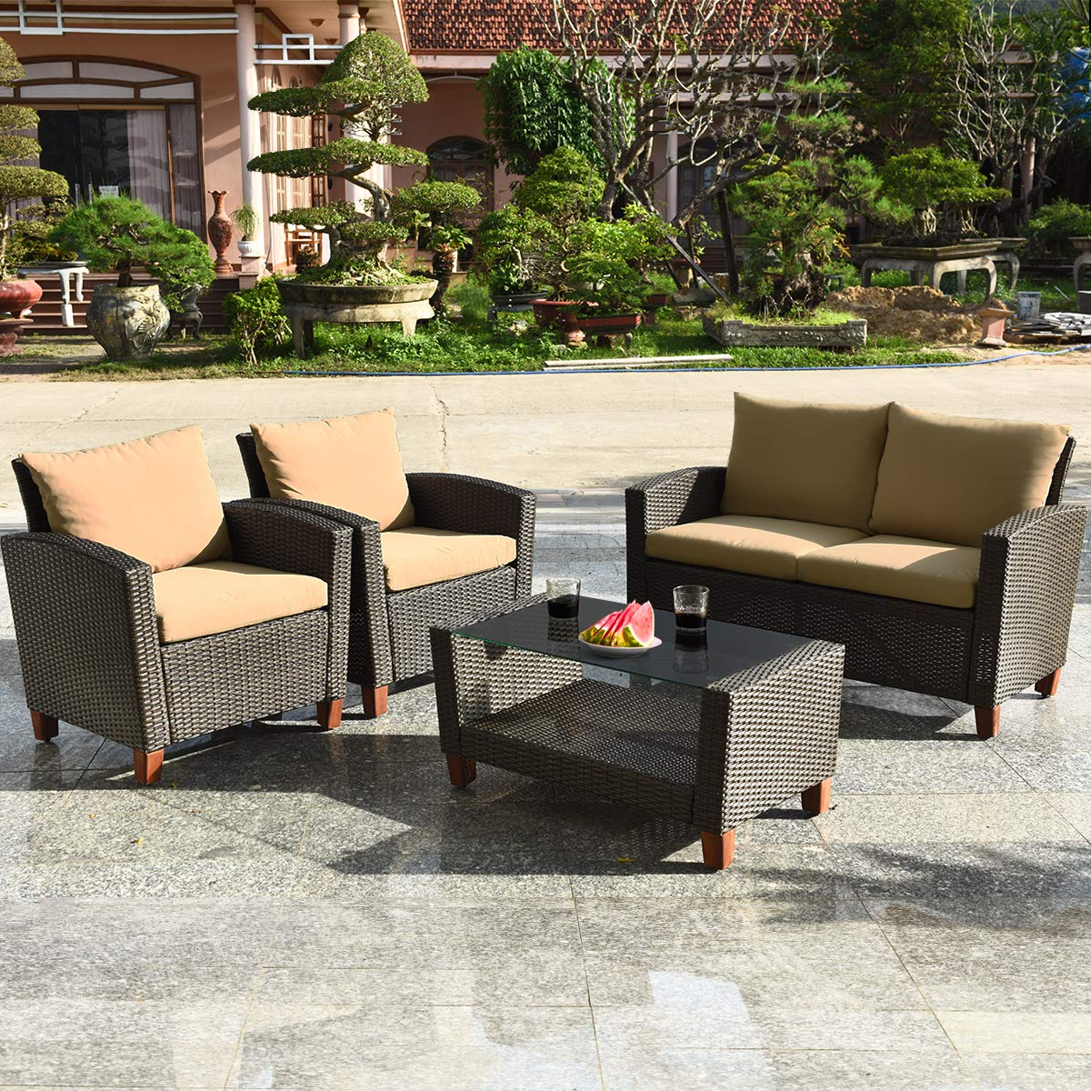 Tangkula 4-Piece Patio Rattan Furniture Set, Outdoor Wicker Conversation Set