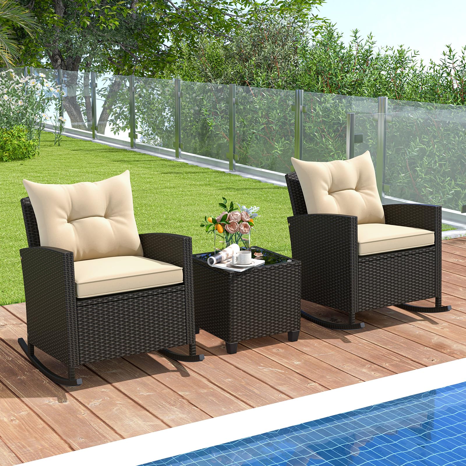 Tangkula 3 Piece Wicker Rocking Set, Patio Rattan Roker Chairs with Tempered Glass Table & Soft Cushions