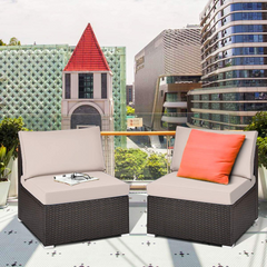 Tangkula 2 PCS Outdoor Wicker Armless Sofa, Patio Rattan Sectional Sofa Set w/2 Thick Cushions and 2 Pillows