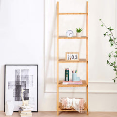 Tangkula Bamboo 5-Tier Ladder Shelf Bookshelf, Wall-Leaning Bookshelf