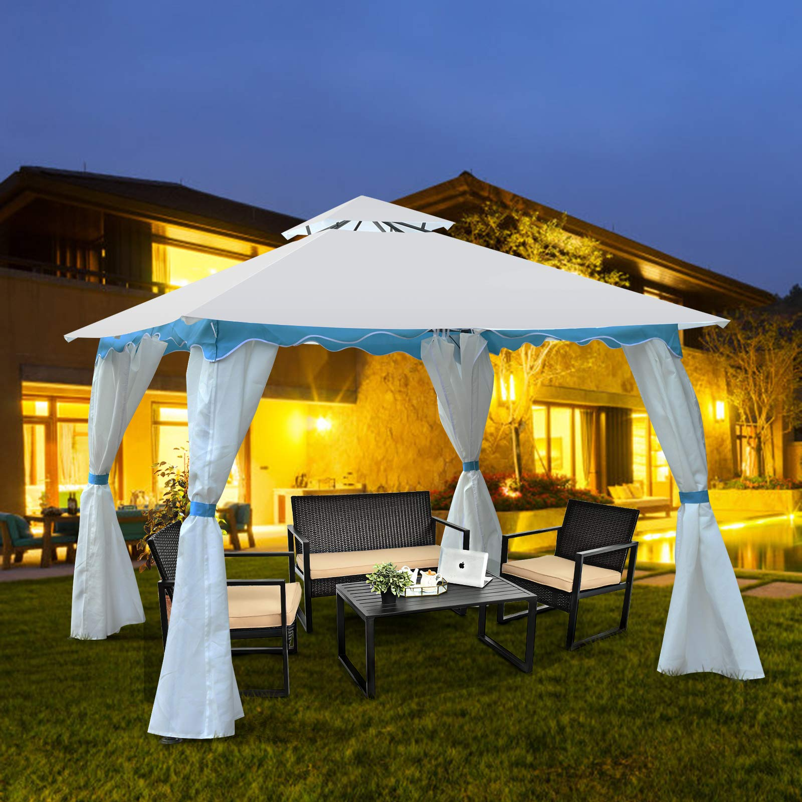 Tangkula 10 x 10 ft Patio Steel Gazebo, Outdoor Canopy Gazebo with Side Walls, Zippers, 2 Tier Vented Roof, Blue Trimming