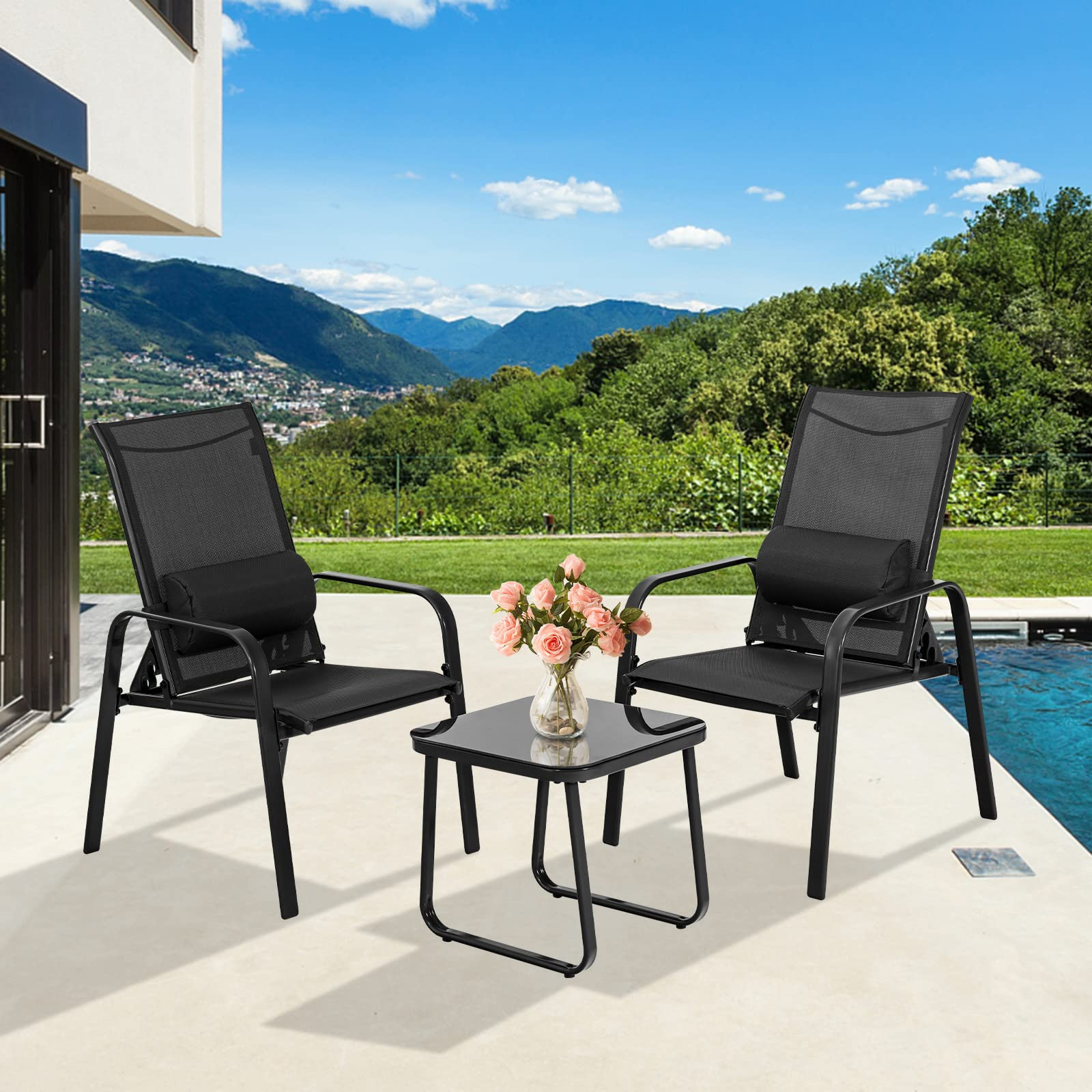 3 Piece Outdoor Bistro Set, Patio Stackable Chairs with Adjustable & Folding Backrest