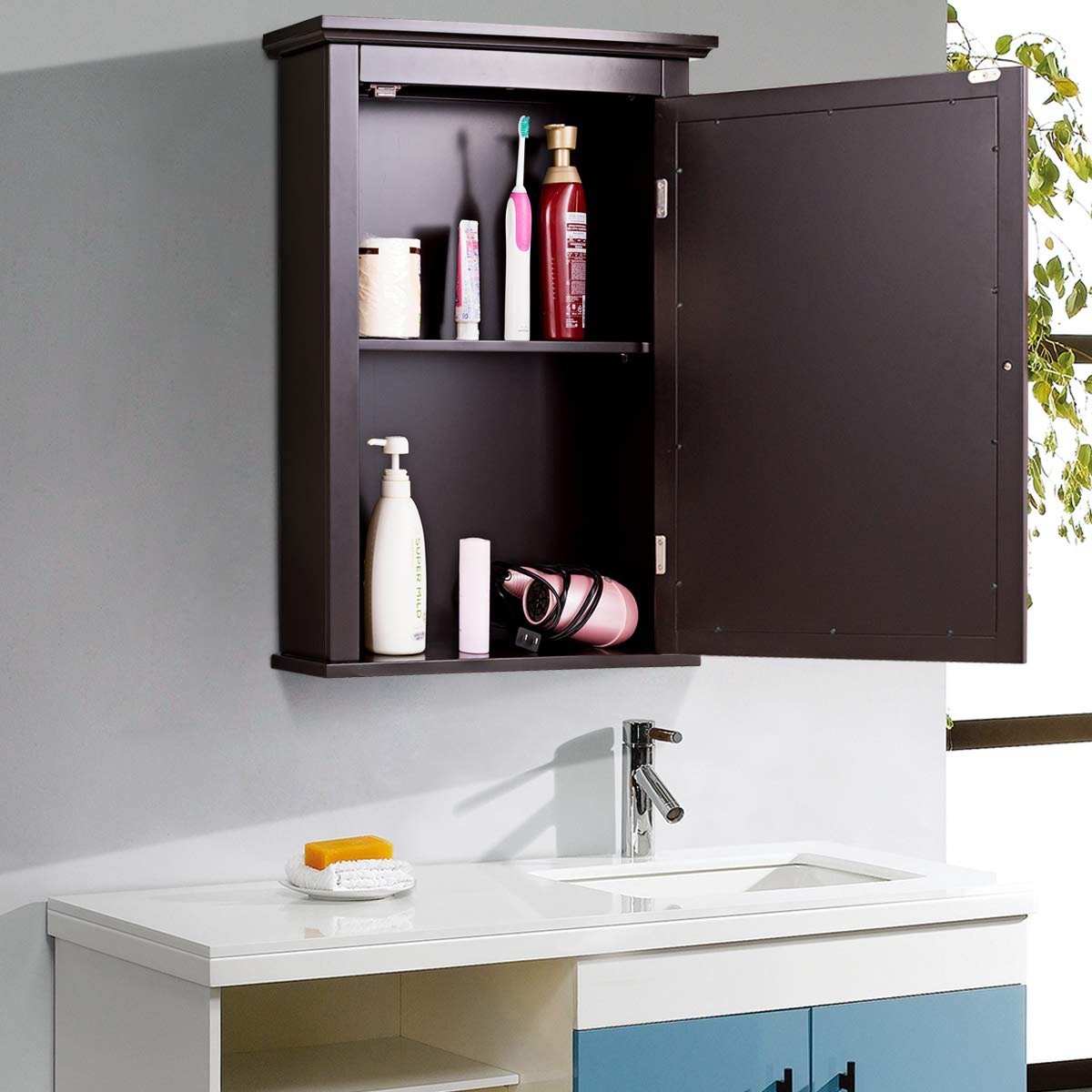 Tangkula Bathroom Cabinet with Mirror, Mirrored Wall-Mounted Storage Medicine Cabinet (Brown)