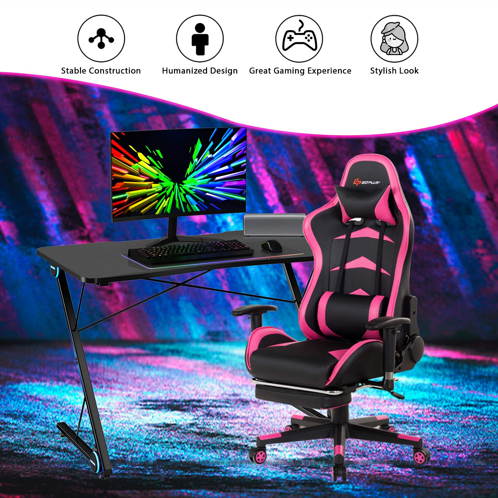 Tangkula Gaming Computer Desk, Z-Shaped Home Office Computer Table with LED Lights & Large Carbon Fiber Surface