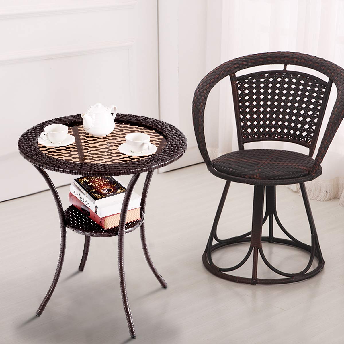 25" Patio Wicker Coffee Table Outdoor Backyard Lawn Balcony Pool Round Tempered Glass Top Wicker Rattan Steel Frame Table Furniture