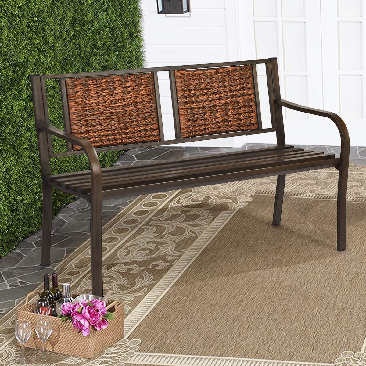 Patio Garden Bench with Wicker Backrest