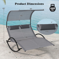 Tangkula 2 Person Lounge Chair with Adjustable Canopy, Outdoor Chaise Lounge with 2 Detachable Pillows (Gray)