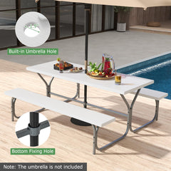 Tangkula 6 Ft Picnic Table, Outdoor Picnic Table with 2 Built-in Benches, Umbrella Hole, Metal Frame & HDPE Tabletop