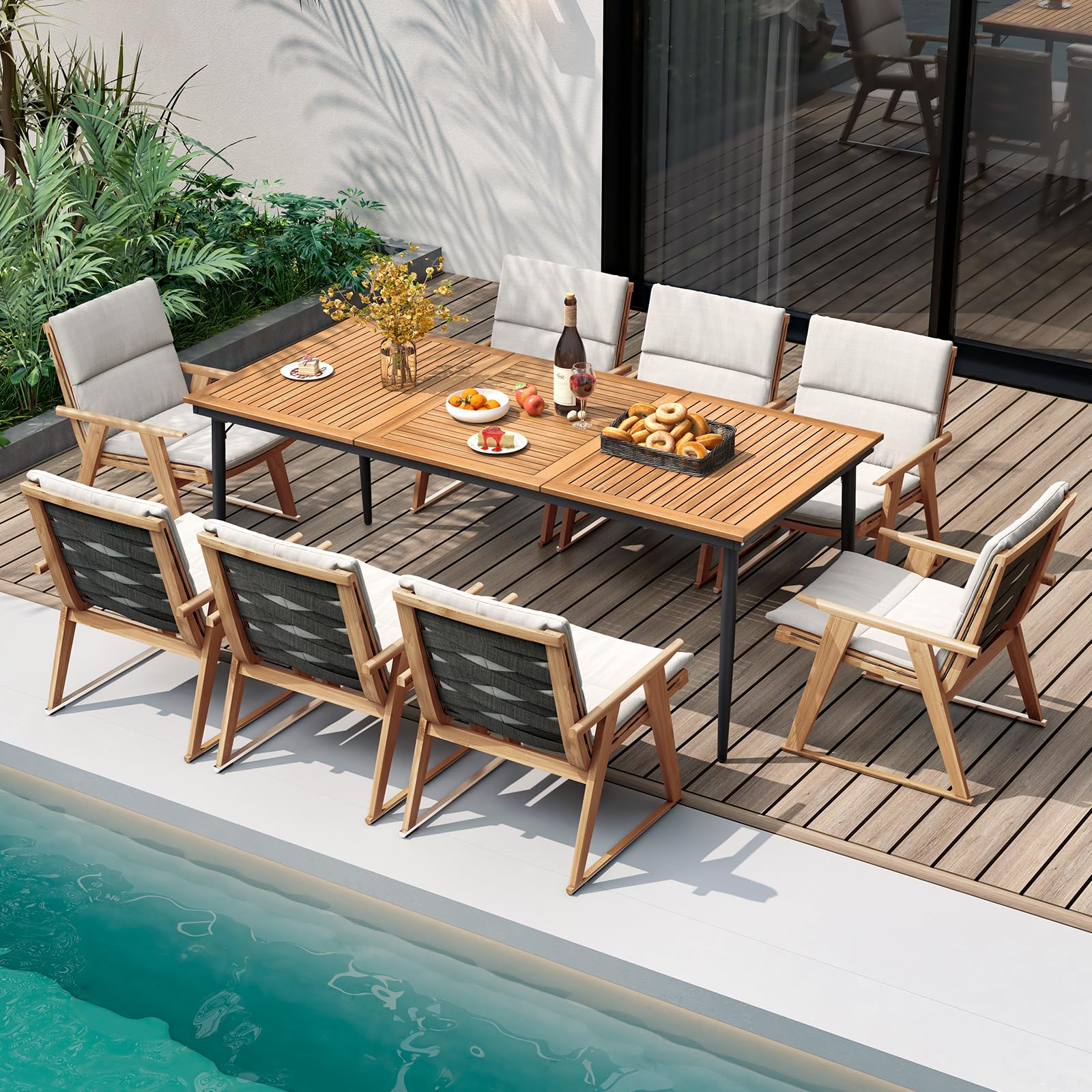 Tangkula Outdoor Dining Table for 8, 79 Inch Acacia Wood Patio Table with 1.9” Umbrella Hole