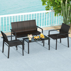 Tangkula 4 Pieces Patio Furniture Set, Patiojoy Heavy Duty Galvanized Metal Frame Outdoor Wicker Table and Chairs Set