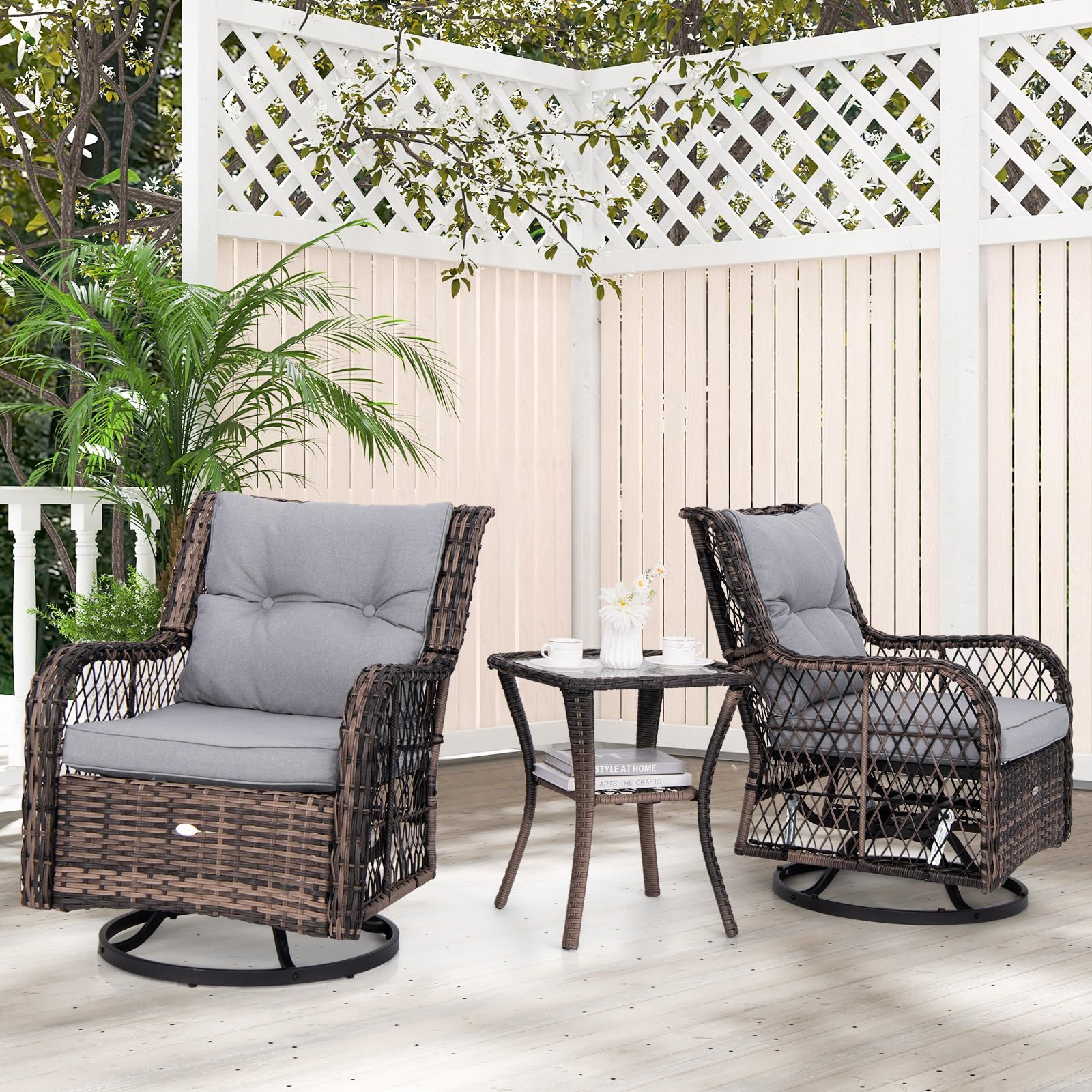 Tangkula 3 Pieces Outdoor Swivel Rocker Set, Rattan Wicker Patio Rocking Cushioned Chairs Set of 2 with Small Side Table