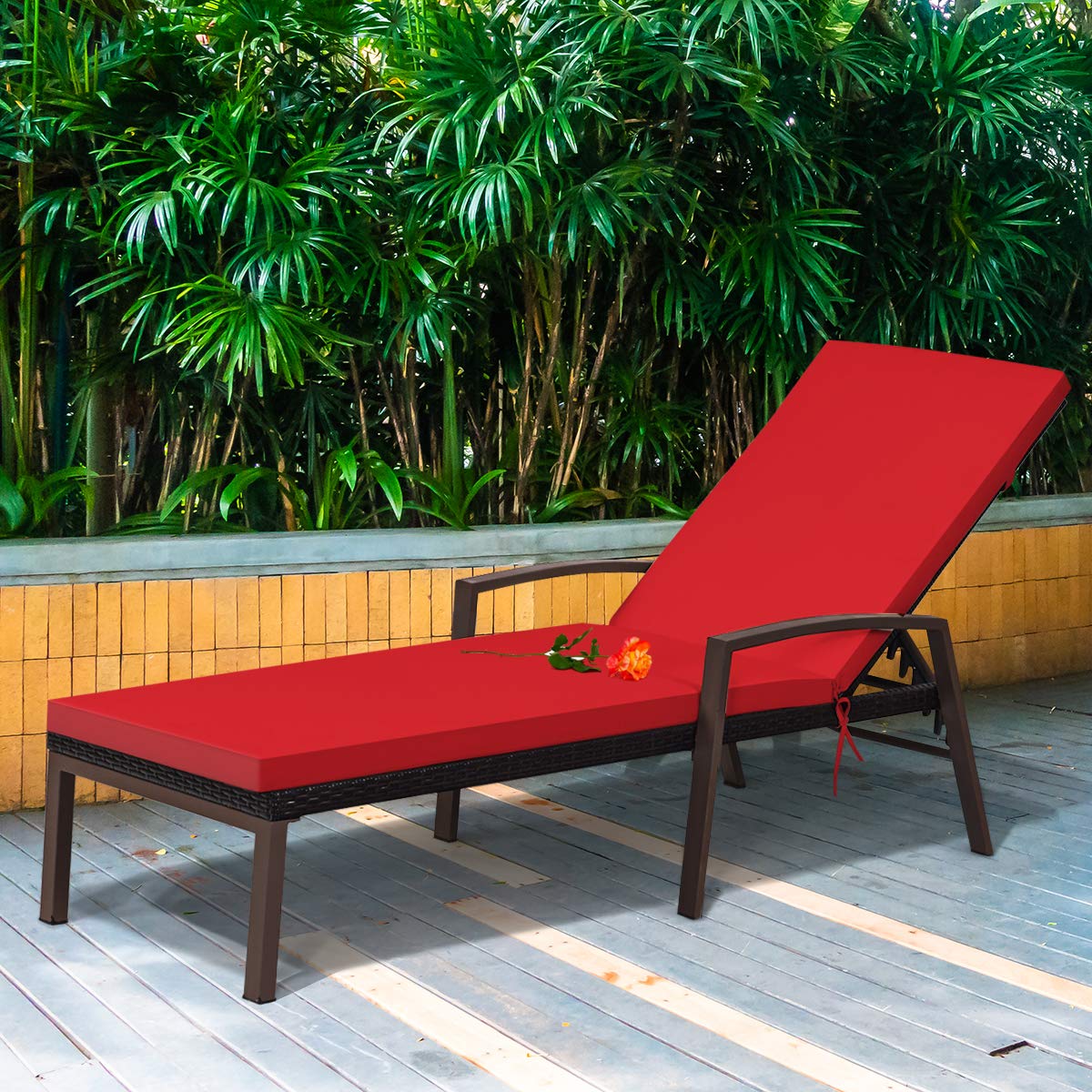 Patio Rattan Lounge Chair, Outdoor Reclining Chaise Louge with Cushion and Armrest