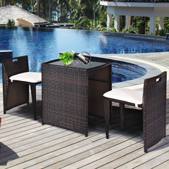 Tangkula 3 PCS Outdoor Rattan Dining Set (Brown)