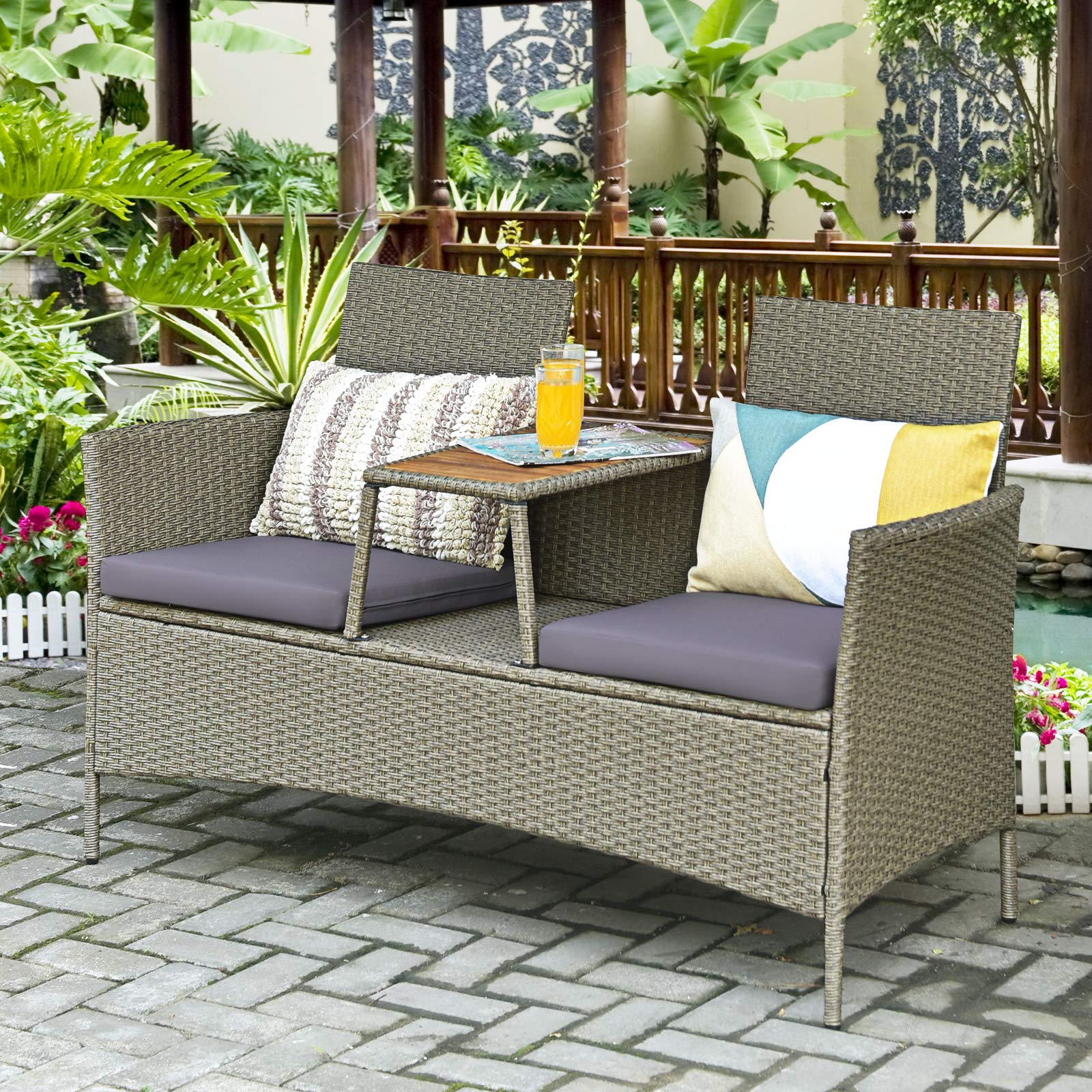 Tangkula Outdoor Rattan Loveseat, Patio 2-Person Wicker Conversation Set w/Cushion