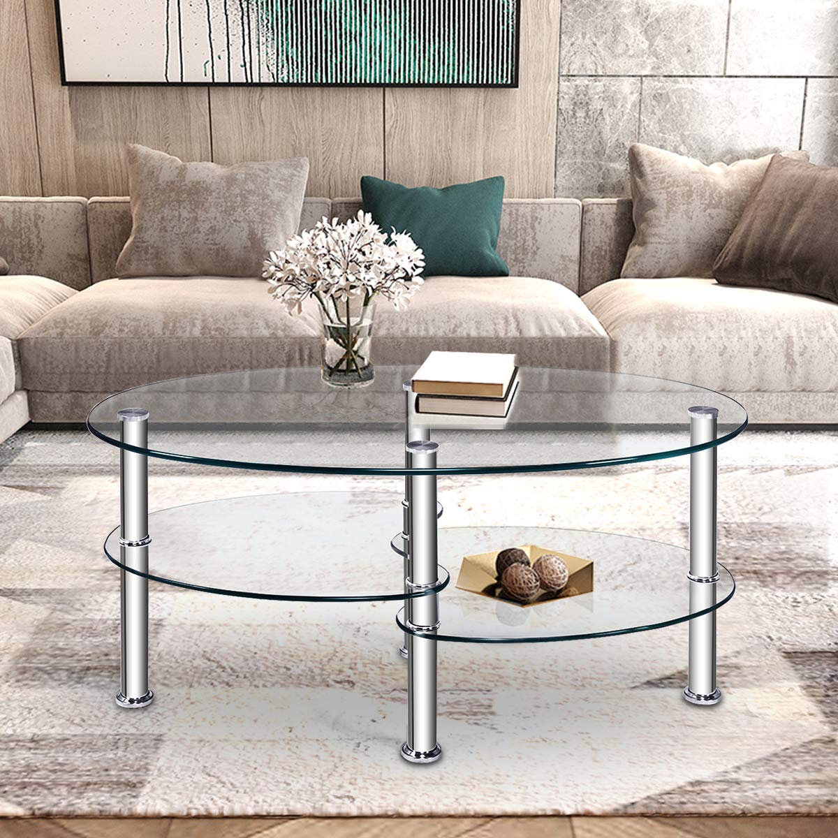 Glass Coffee Table, 2-Tier Modern Oval Smooth Glass Tea Table End Table