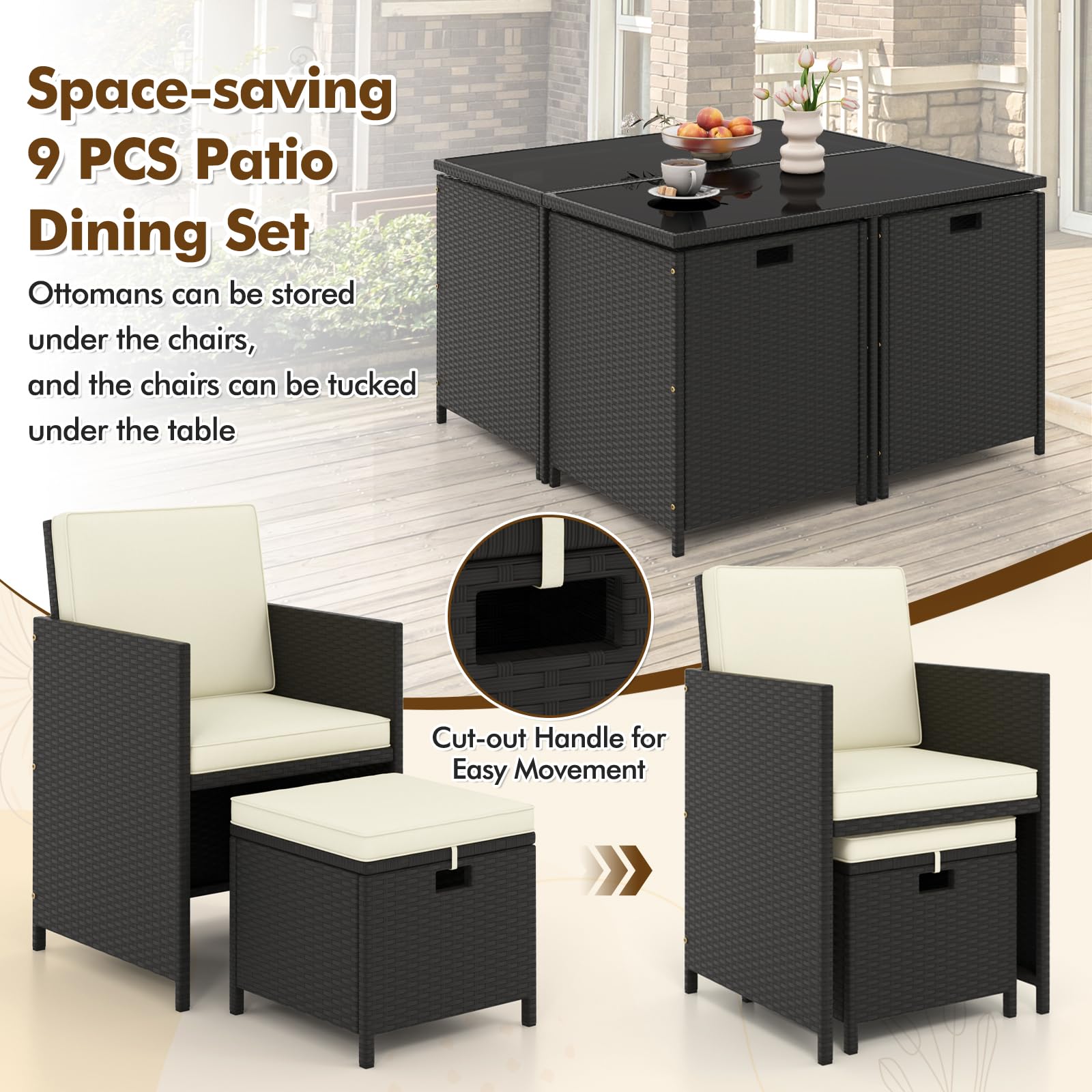 Tangkula 9 Pieces Outdoor Dining Furniture Set, Space-Saving Wicker Rattan Chairs & Tempered Glass Table with Ottomans