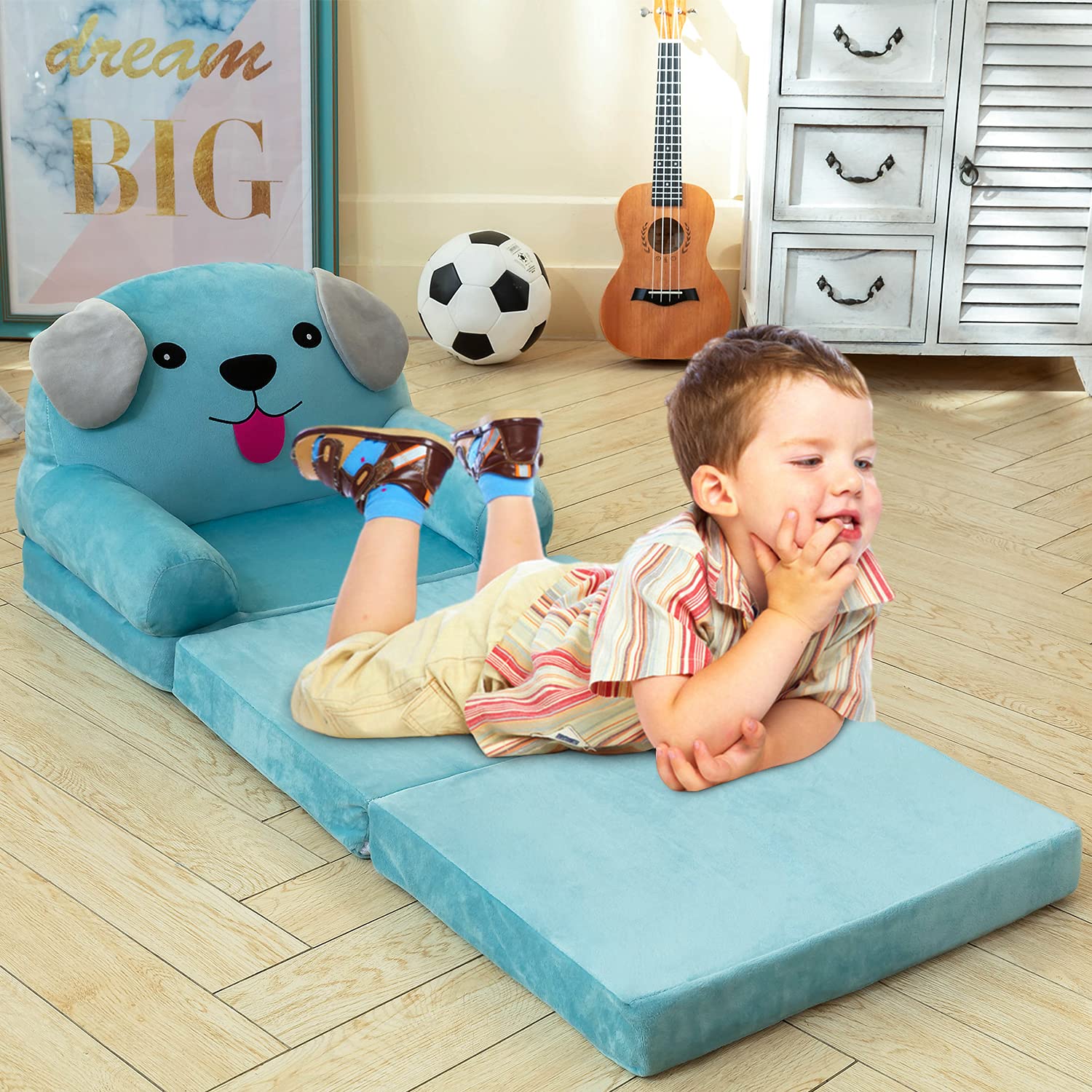 MAXYOYO Cartoon Foldable Kids Sofa, Plush Dog Shape Children Armchair