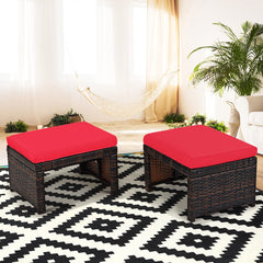 2 Pieces Patio Rattan Ottomans, All Weather Outdoor Footstool Footrest Seat with Soft Cushion