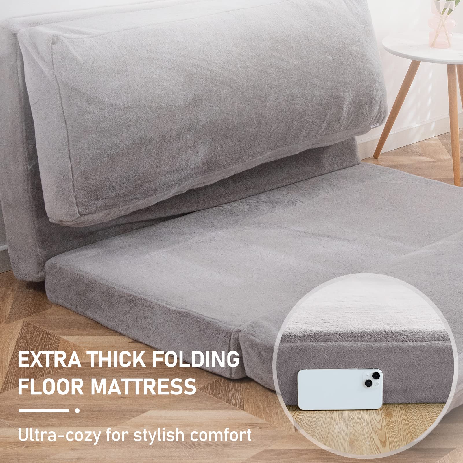 MAXYOYO Bean Bag Folding Sofa Bed, Floor Mattress Extra Thick Floor Sofa with Faux Fur Washable Cover