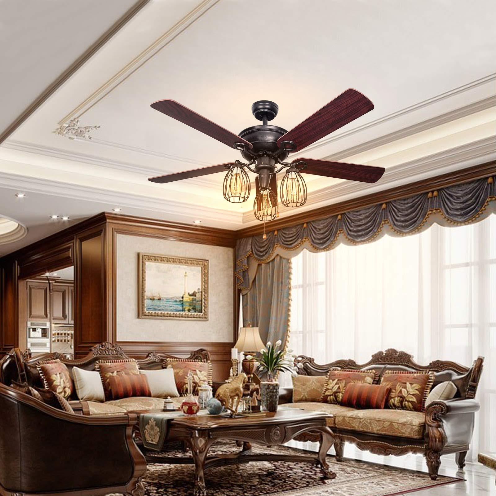 Tangkula 52-Inch Ceiling Fan with Lights, Industrial Ceiling Fan w/ 5 Iron Blades & 3 Cage Lights