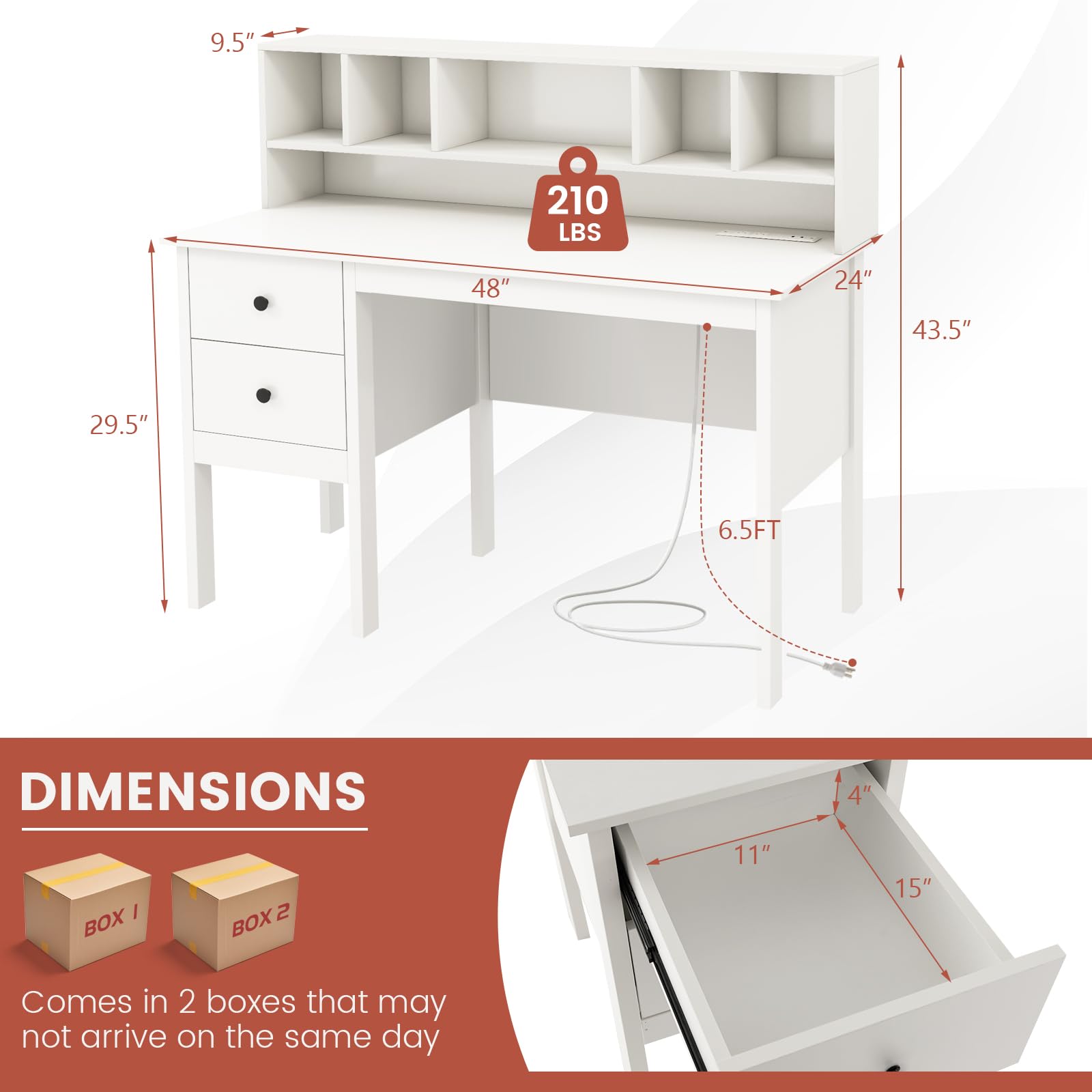 Tangkula Computer Desk with Drawers & Hutch, Modern Home Office Desk Writing Study Desk with Charging Station