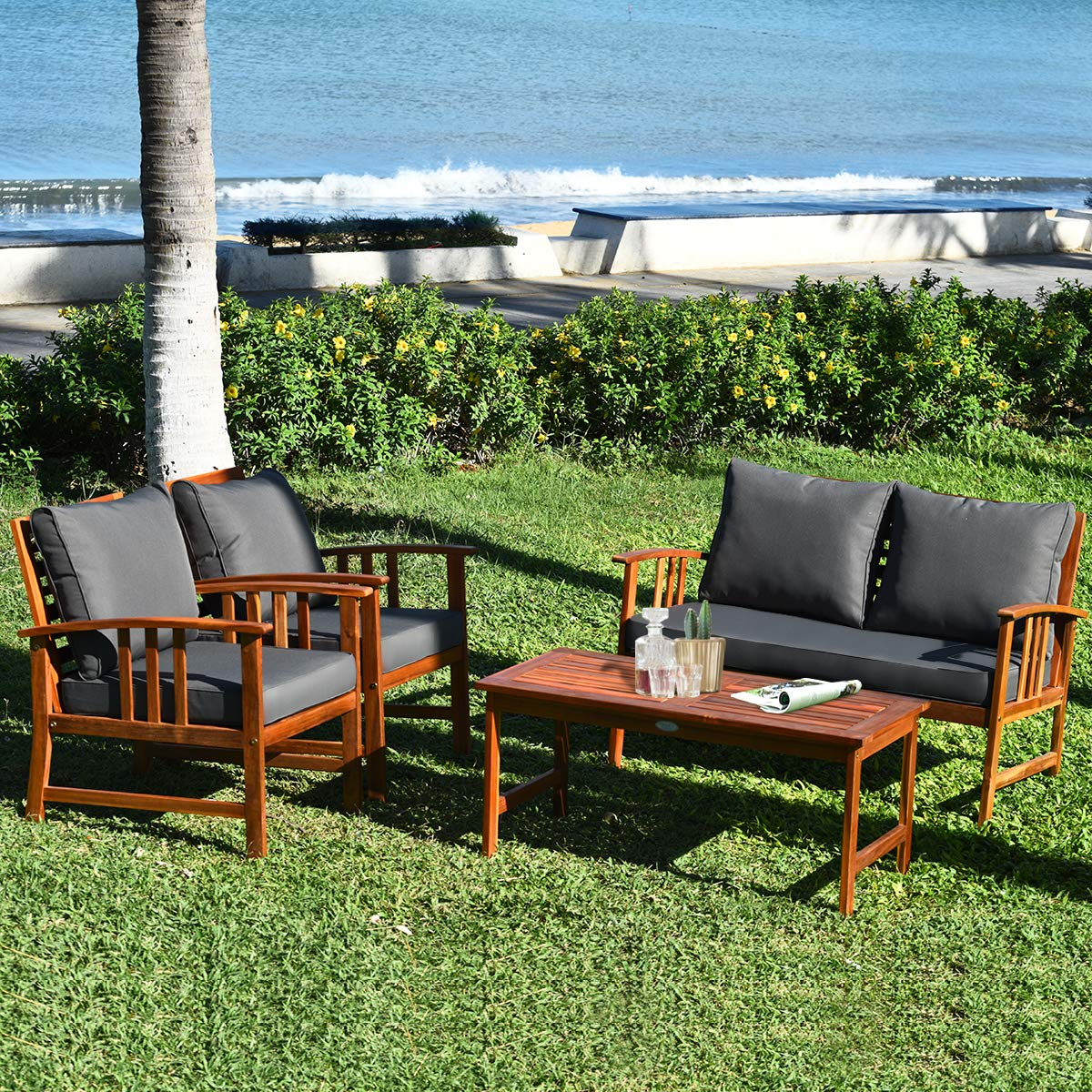 Tangkula 4 PCS Acacia Wood Patio Furniture Set, Outdoor Seating Chat Set with Gray Cushions & Back Pillow