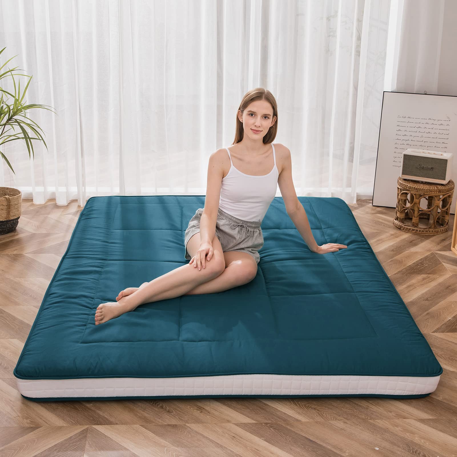 MAXYOYO Futon Mattress, Padded Japanese Floor Mattress Quilted Bed Mattress Topper, Bluestone