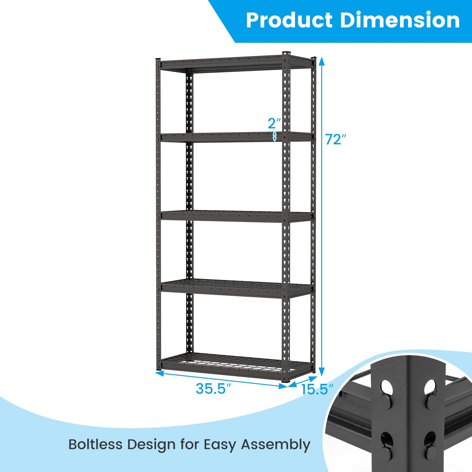 Tangkula 5-Tier Garage Storage Shelves, Heavy Duty Metal Storage Shelving Unit, 35.5" L x 15.5" W x 72" H