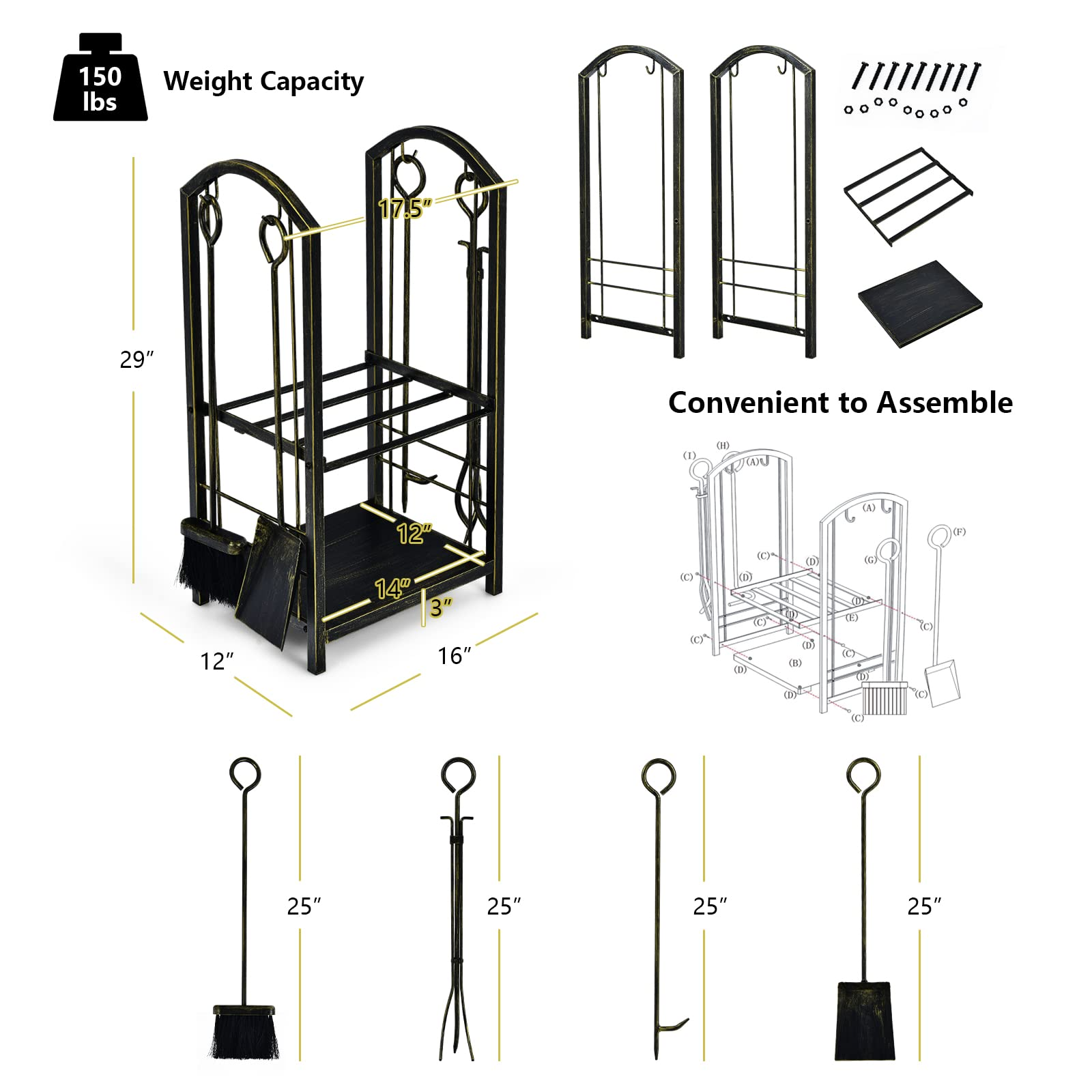 Tangkula Firewood Rack with 4 Fireplace Tools, Firewood Rack Bin Log Holder with Fireplace Tools Set