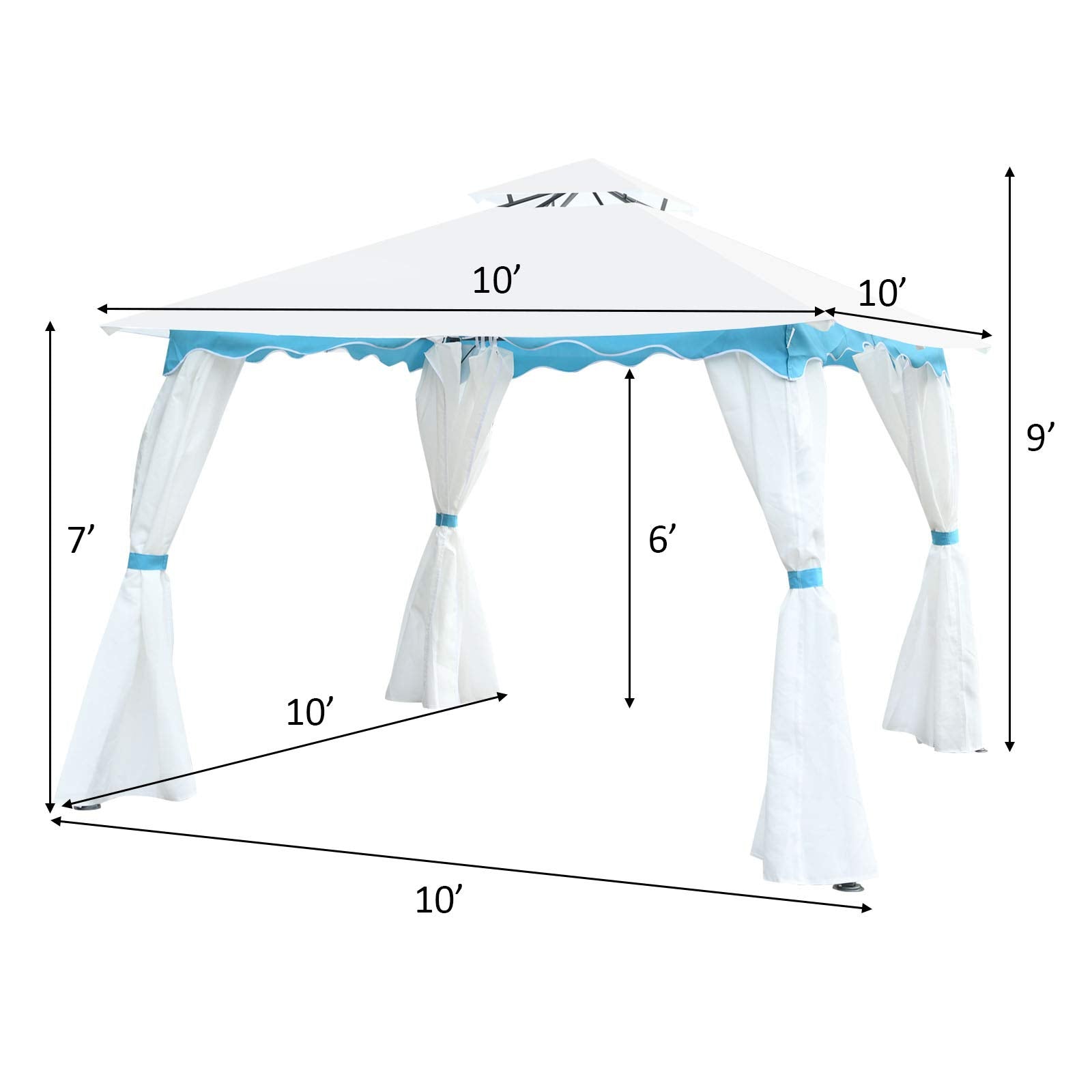 Tangkula 10 x 10 ft Patio Steel Gazebo, Outdoor Canopy Gazebo with Side Walls, Zippers, 2 Tier Vented Roof, Blue Trimming