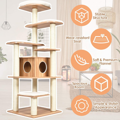 Tangkula Modern Wood Cat Tree, 69-Inch Cat Tower with Multi-Layer Platform, Cat Activity Tree with Sisal Rope Scratching Posts