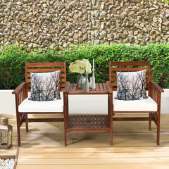 Tangkula Acacia Wood Loveseat, 3pcs Outdoor Table Chairs Set (White)