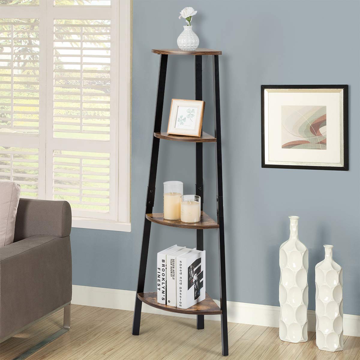 Industrial Corner Shelf, 4-Tier Ladder Bookshelf, Metal Frame Storage Rack