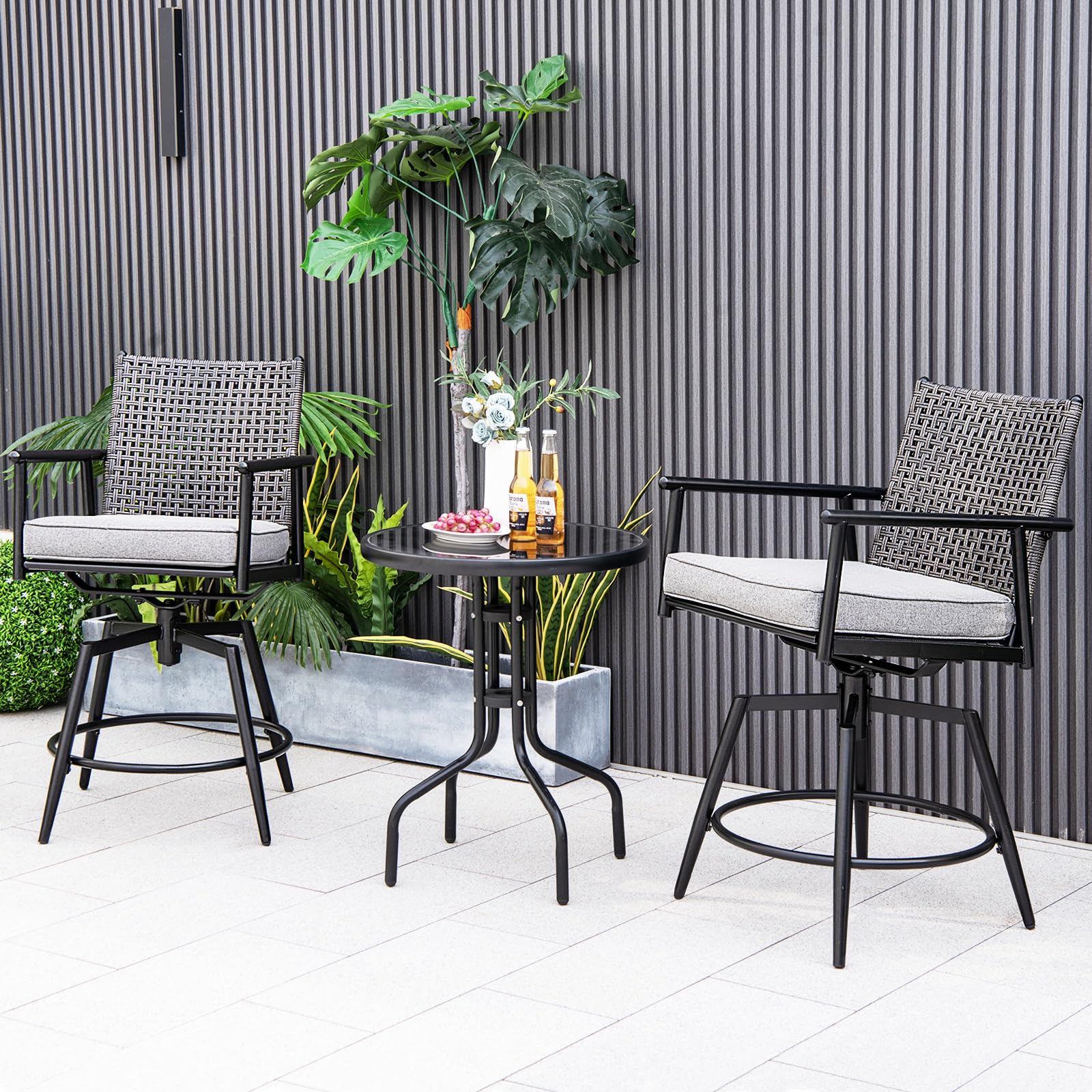 Tangkula Patio Swivel Bar Stools Set of 2, Outdoor Counter Height Bar Chairs with PE Rattan Back