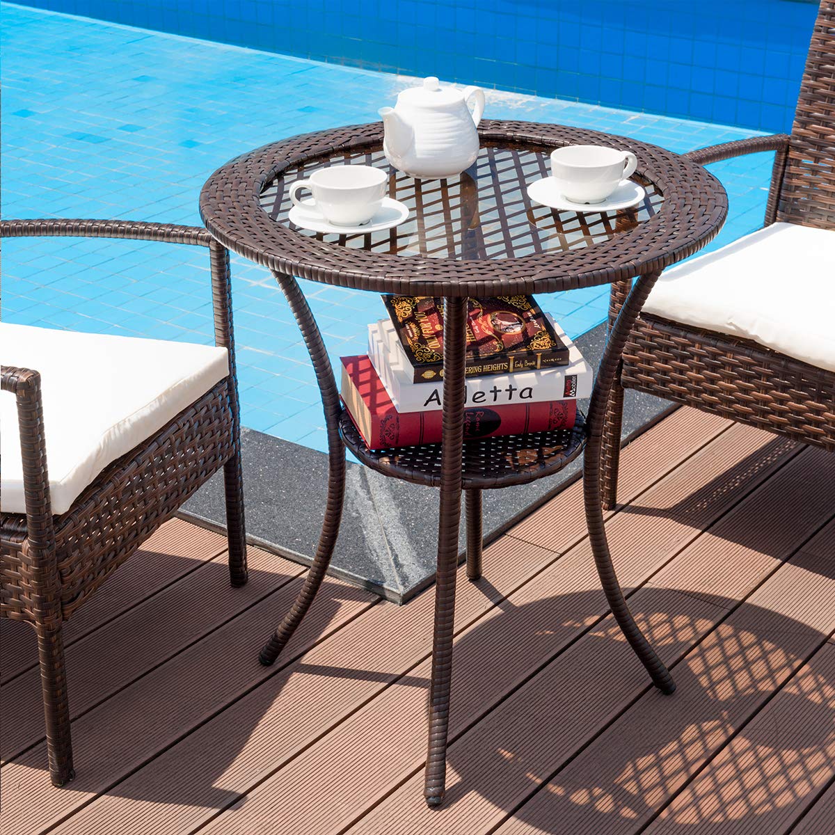 25" Patio Wicker Coffee Table Outdoor Backyard Lawn Balcony Pool Round Tempered Glass Top Wicker Rattan Steel Frame Table Furniture