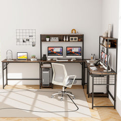 Tangkula L-Shaped Desk with Power Outlet, Large Corner Desk Converts to 2-Person Long Desk with Hutch