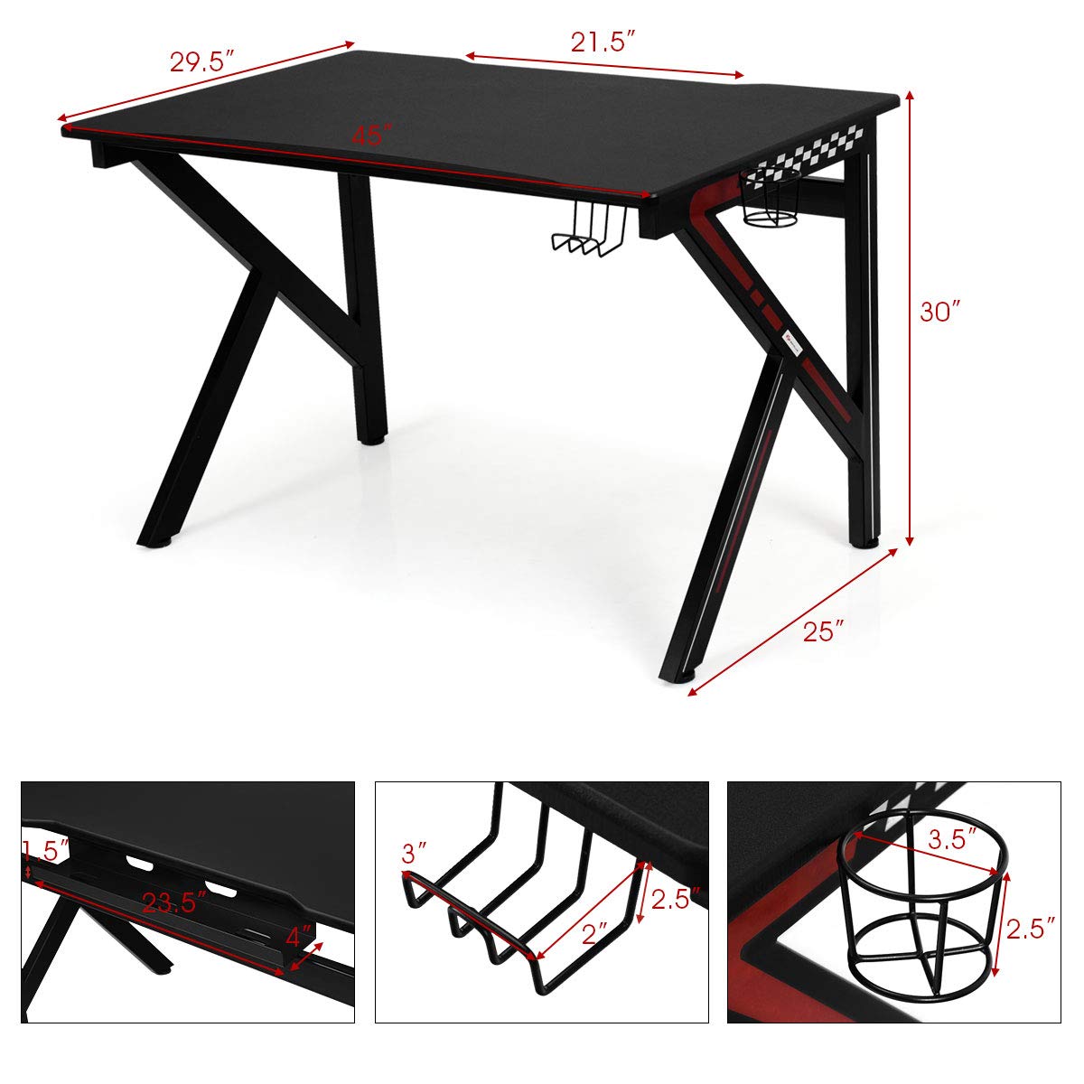 Tangkula Computer Desk Gaming Desk, E-Sports Gaming Workstation with Cup Holder & Headphone Holder