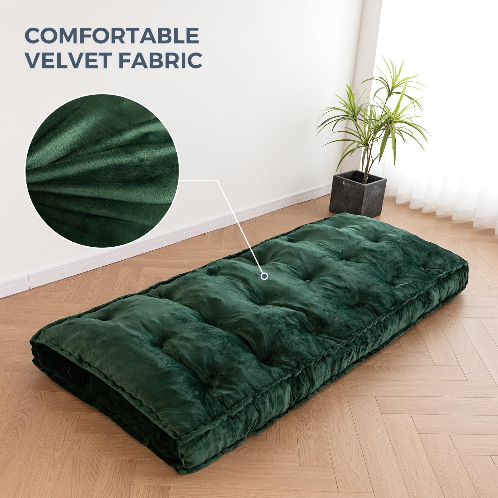 MAXYOYO 75" x 30" Daybed Futon Mattress, Velvet Cot Size Window Seat Cushion, Green