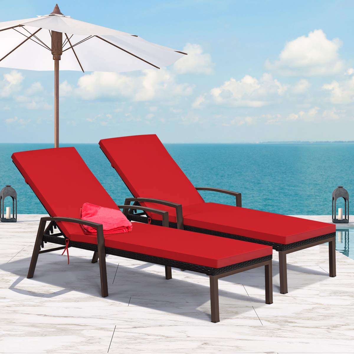 Patio Rattan Lounge Chair, Outdoor Reclining Chaise Louge with Cushion and Armrest