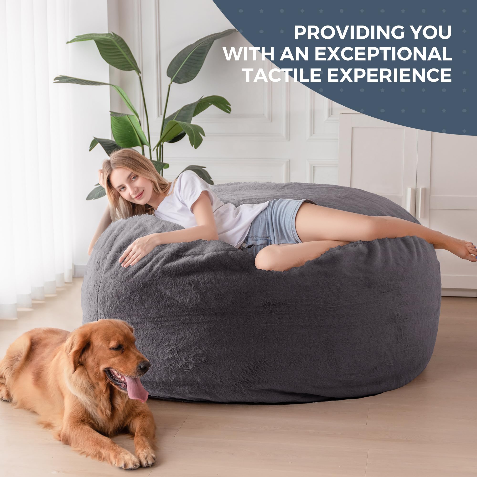 MAXYOYO Giant Bean Bag, Faux Fur Convertible Beanbag Folds from Lazy Chair to Floor Mattress Bed, Dark Grey