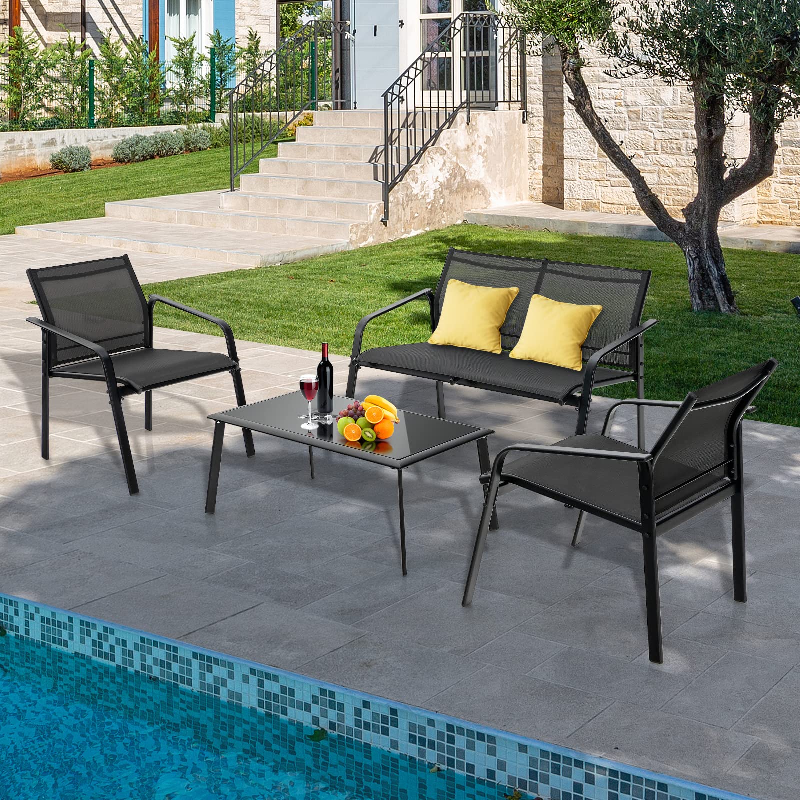 Tangkula 4 Pieces Patio Furniture Set, Outdoor Conversation Set with Tempered Glass Coffee Table