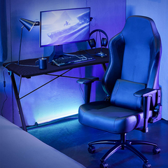 Tangkula Gaming Computer Desk, Z-Shaped Home Office Computer Table with LED Lights & Large Carbon Fiber Surface