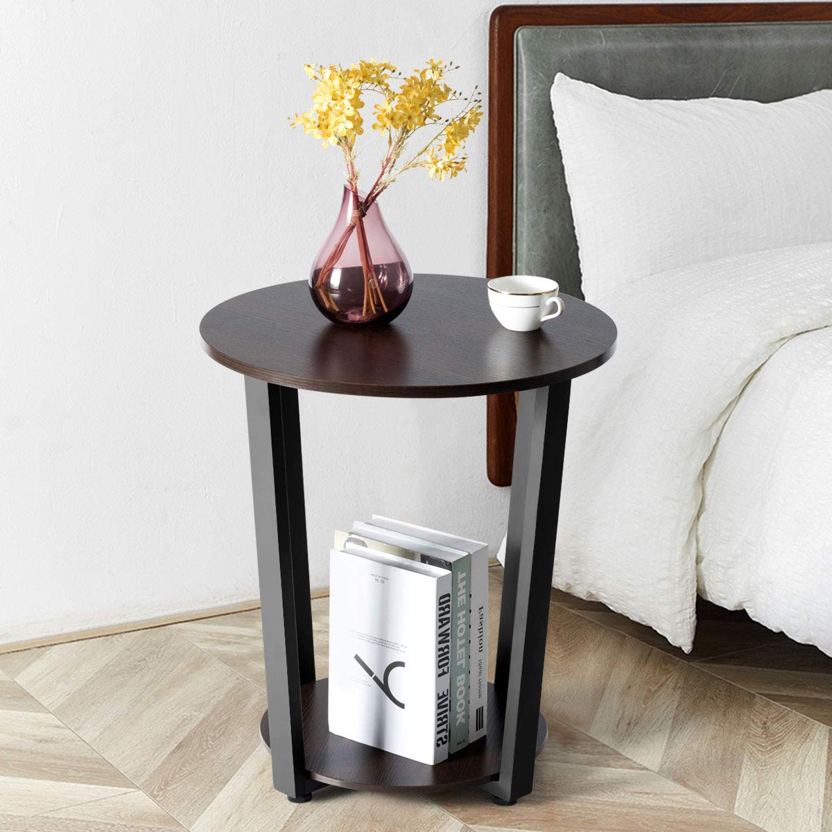 Tangkula Round End Table, 2-Tier Metal Sofa Table with Storage Shelf