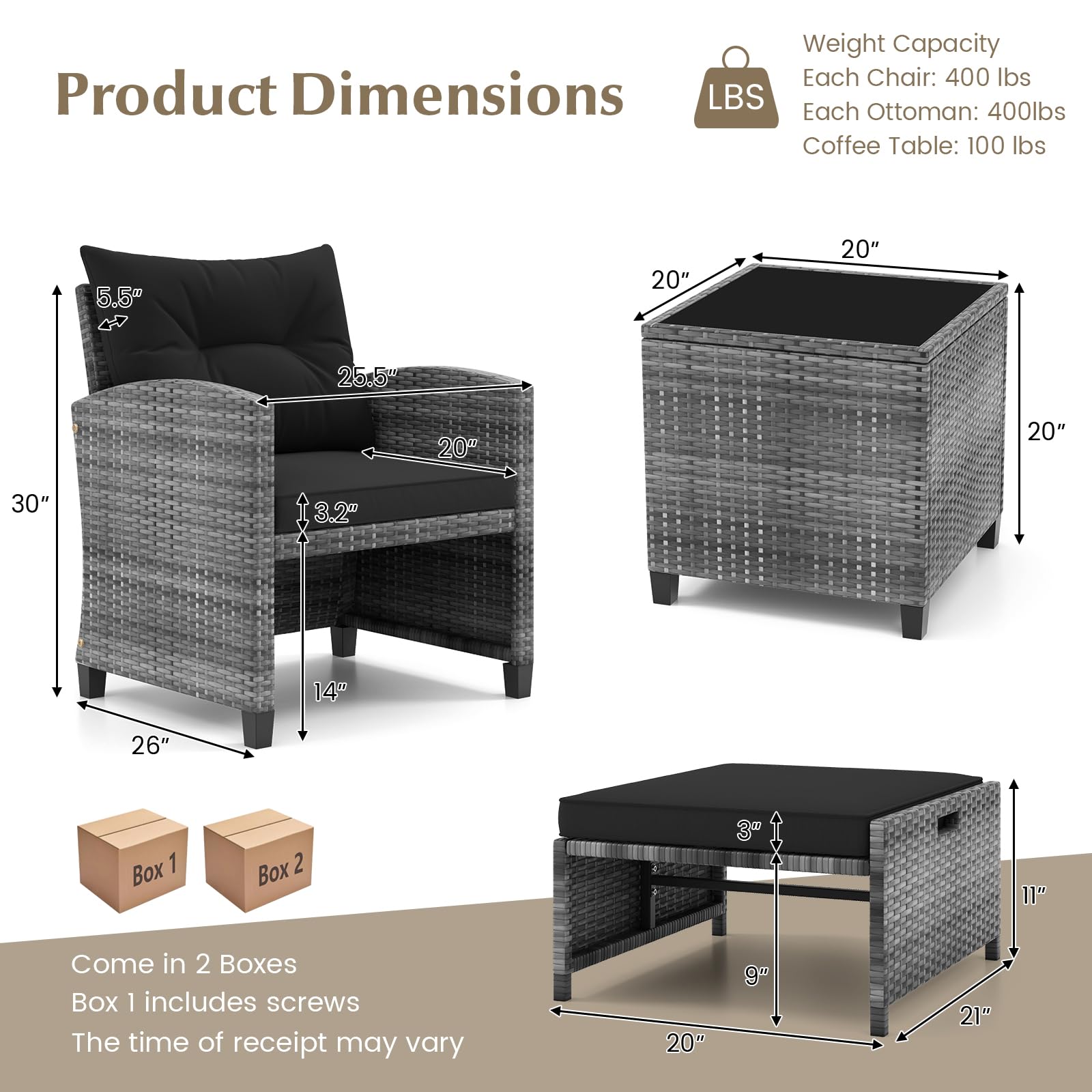 Tangkula 5 Piece Patio Rattan Furniture, Wicker Cushioned Chairs Set w/ 2 Ottomans & Tempered Glass Coffee Table