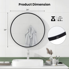 Tangkula Black Circle Bathroom Mirror 24", Round Wall Mirror w/Explosion-Proof Film, Steel Frame