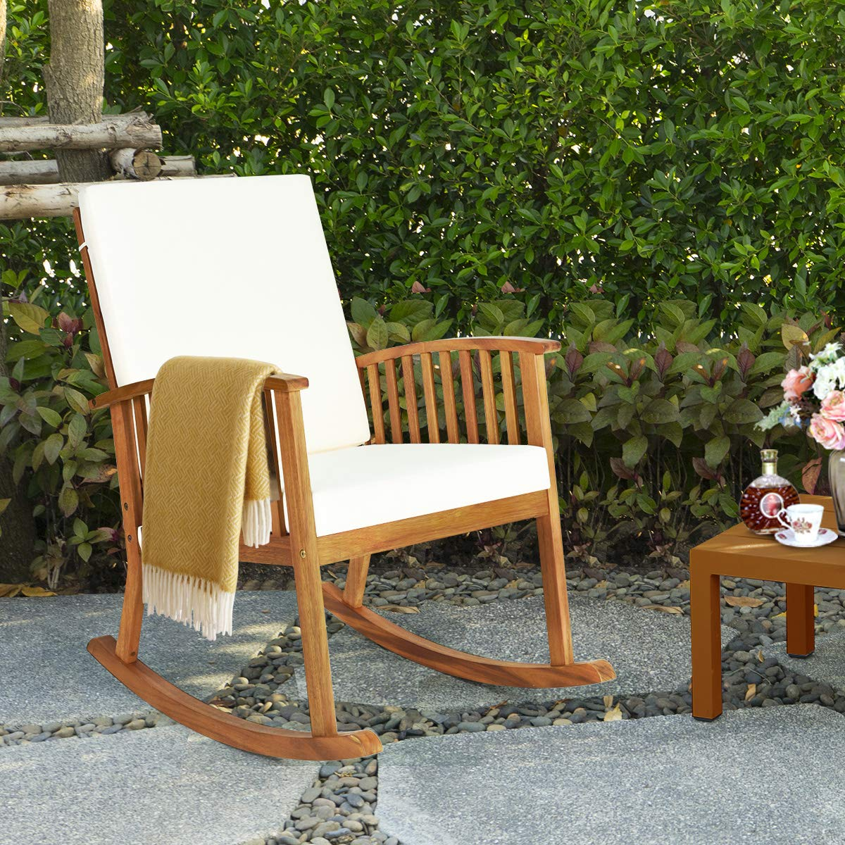 Tangkula Outdoor Acacia Wood Rocking Chair, Wooden Rocker w/Detachable Washable Cushions