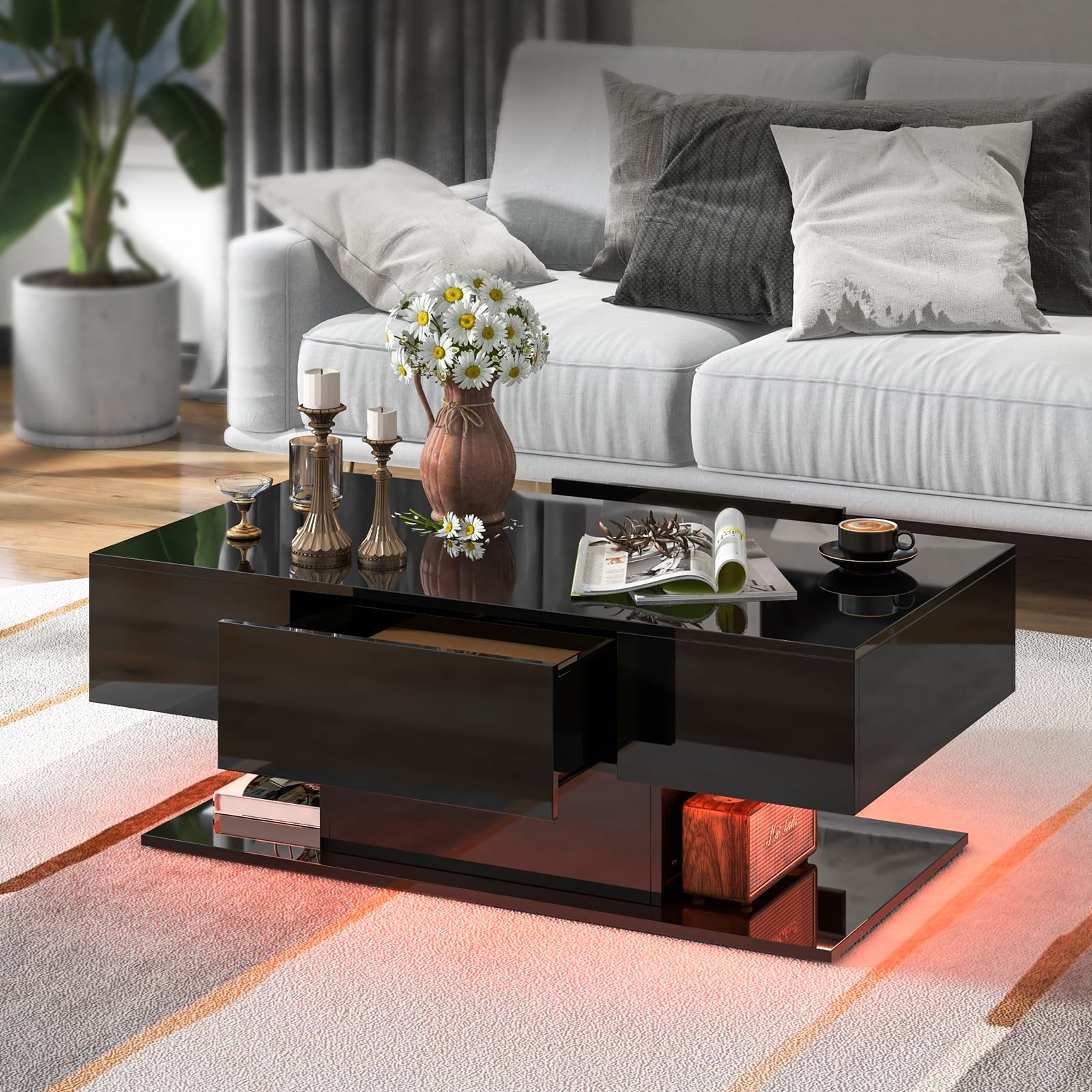 Tangkula LED Coffee Table with 2 Drawers, High Glossy Modern Center Table