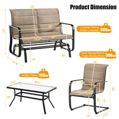 4 Pieces Outdoor Furniture Set, Coffee Table, 2-Person Swing Glider Loveseat and 2 Spring Motion Dining Chairs(Brown)