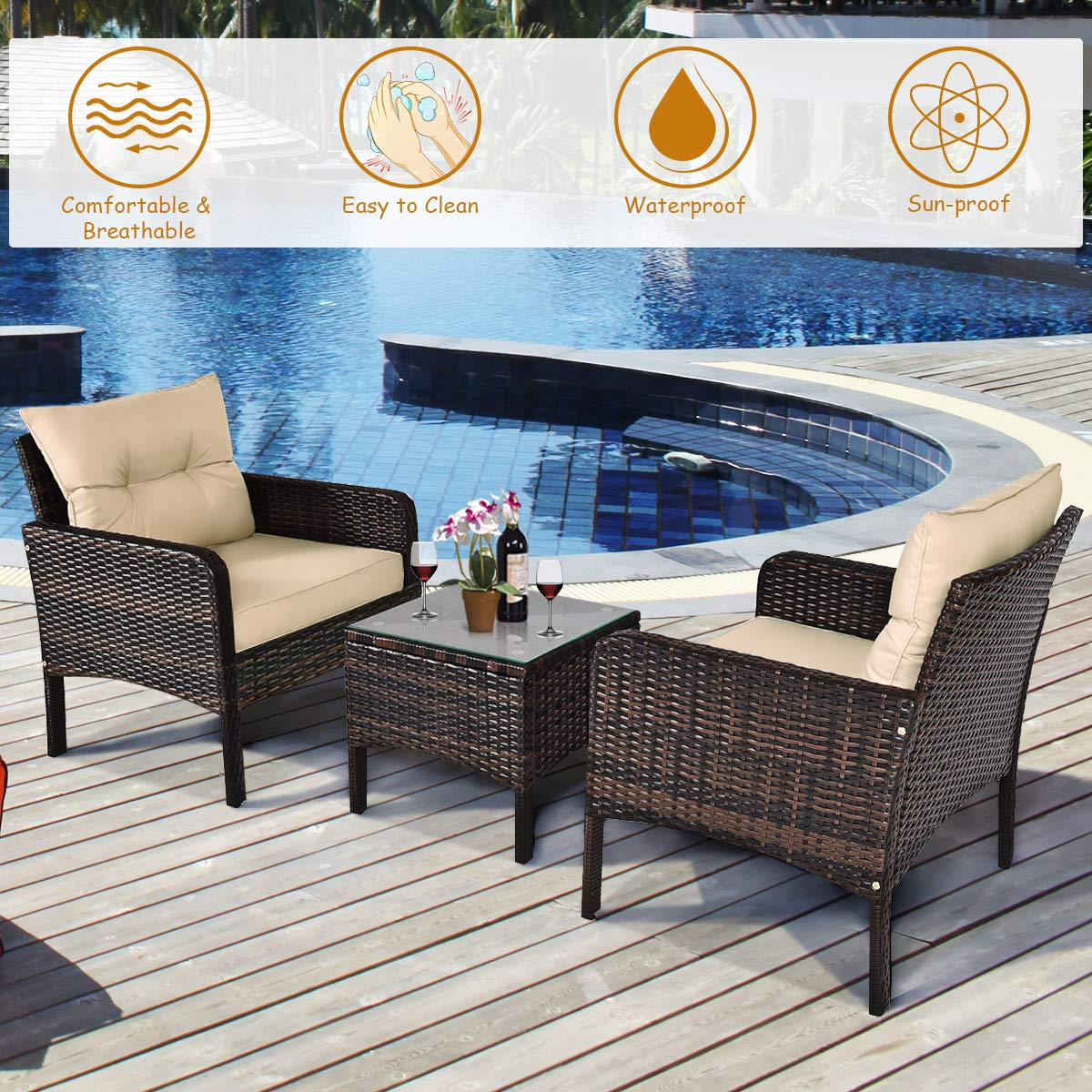 Tangkula 3 Piece Outdoor Patio Furniture Set, Wicker Chairs Set with Glass Top Coffee Table